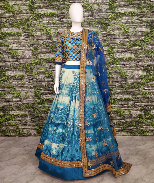 Blue chennai silk beautiful printed stone and embroidered designer ceremonial lehenga