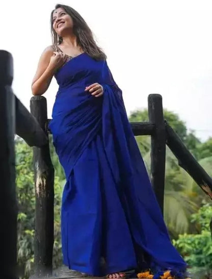 Blue cotton plain saree