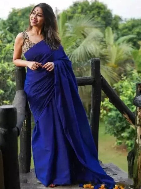 Blue cotton plain saree