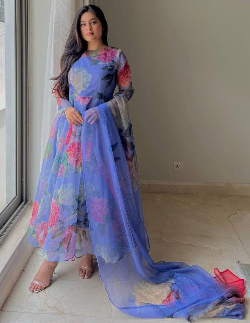 Blue floral printed organza anarkali suit