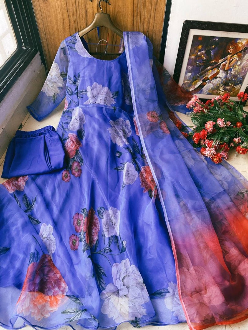 Blue floral printed organza anarkali suit