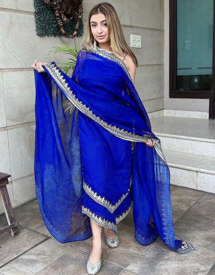 Blue georgette embroidered palazzo suit