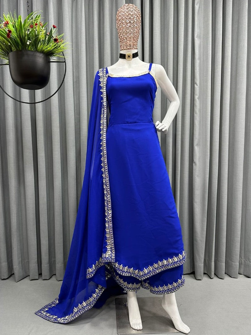 Blue georgette embroidered palazzo suit