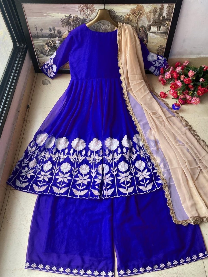 Blue georgette embroidered plazzo suit