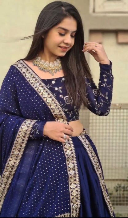 Blue georgette embroidery work wedding lehenga choli