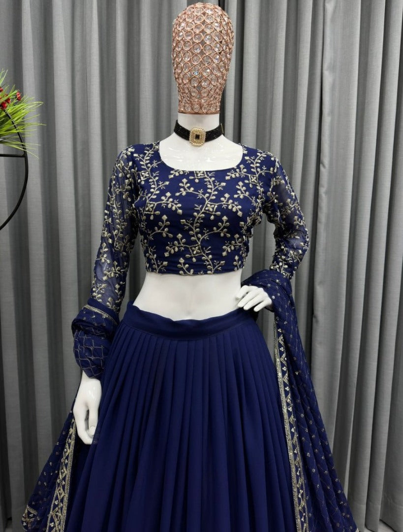 Blue georgette embroidery work wedding lehenga choli