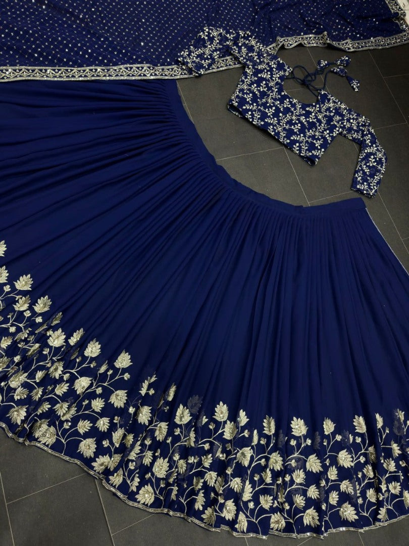 Blue georgette embroidery work wedding lehenga choli