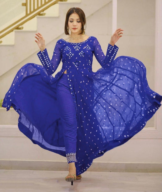 Blue georgette paper mirror salwar suit