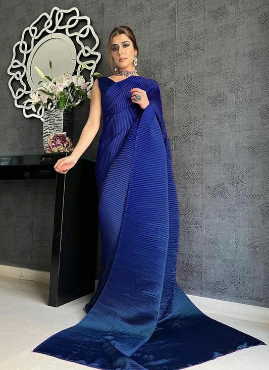 Blue georgette pleated partywear saree