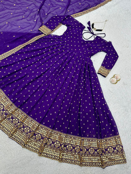 Blue georgette thread sequence work long anarkali gown