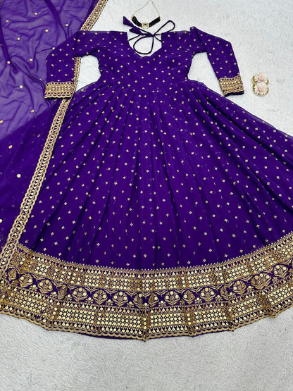 Blue georgette thread sequence work long anarkali gown