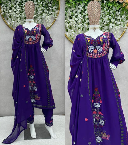 Blue georgettte multi thread embroidery work designer palazzo suit