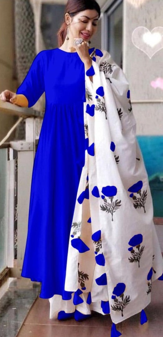 Blue heavy maslin cotton long kurti with printed dupatta