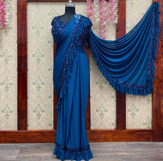 Blue imported fabric embroidered sequence work saree