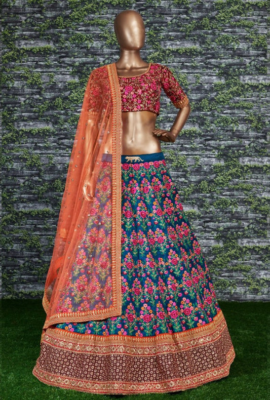 Blue mulbury silk heavy embroidered bridal lehenga choli