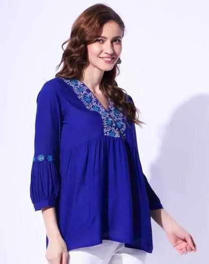 Blue rayon embroidery work short kurti