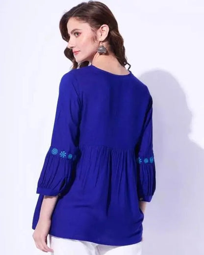 Blue rayon embroidery work short kurti