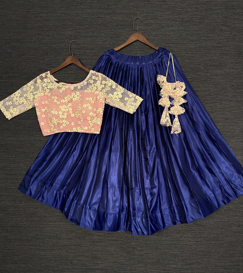 Blue satin crop top lehenga