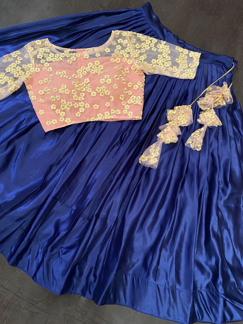 Blue satin crop top lehenga