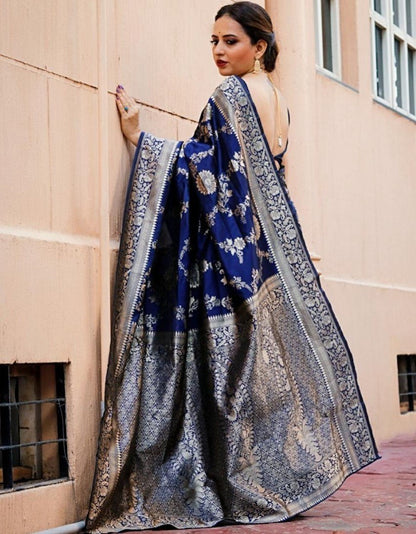 Blue soft lichi silk jacquard weaving work wedding saree