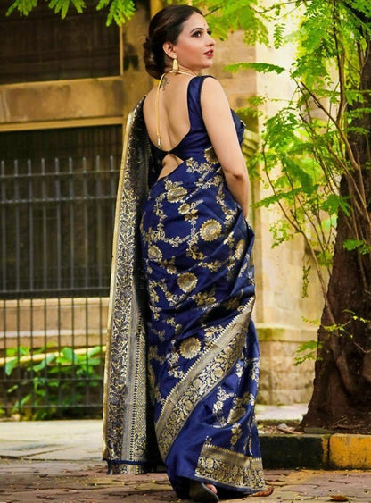 Blue soft lichi silk jacquard weaving work wedding saree