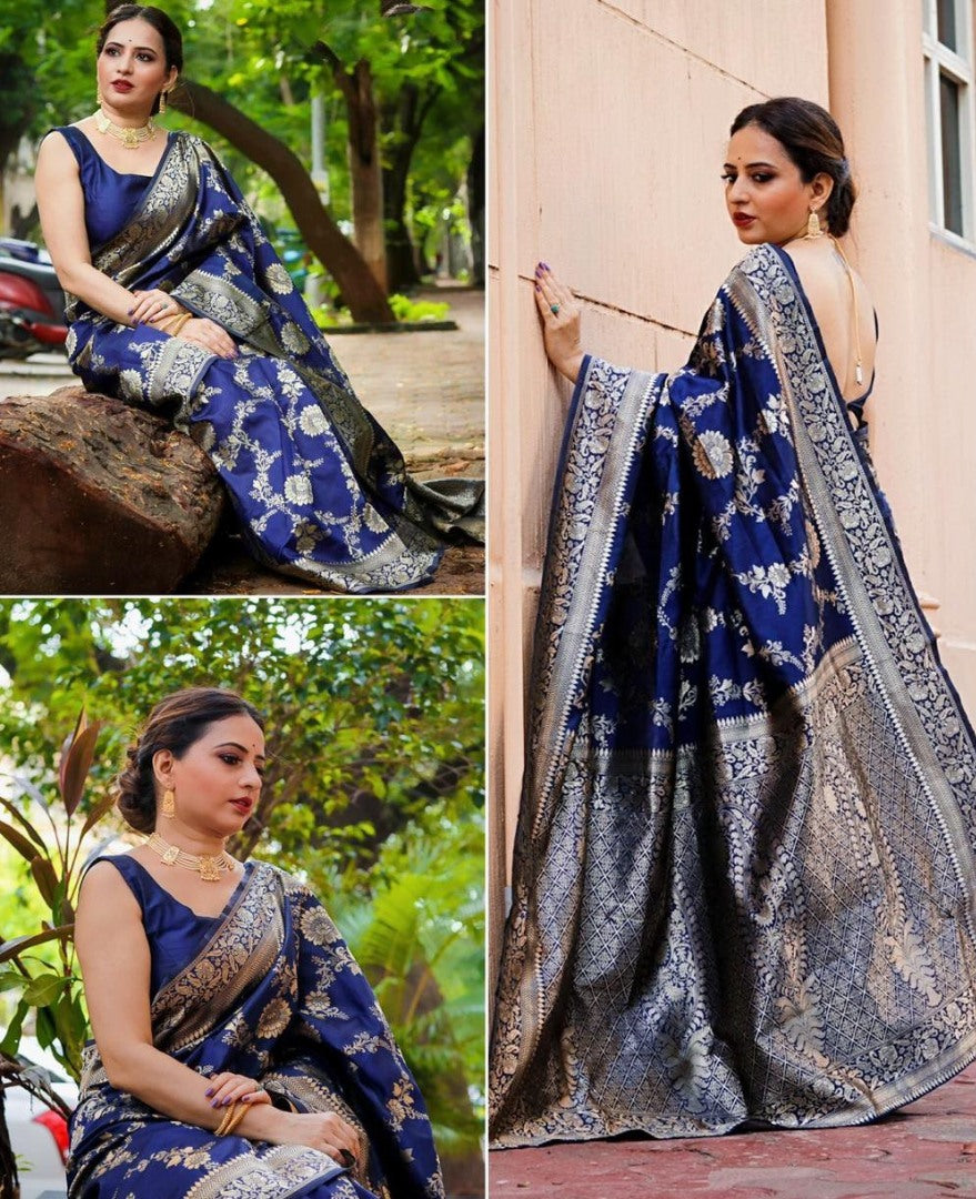 Blue soft lichi silk jacquard weaving work wedding saree