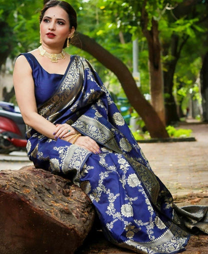 Blue soft lichi silk jacquard weaving work wedding saree