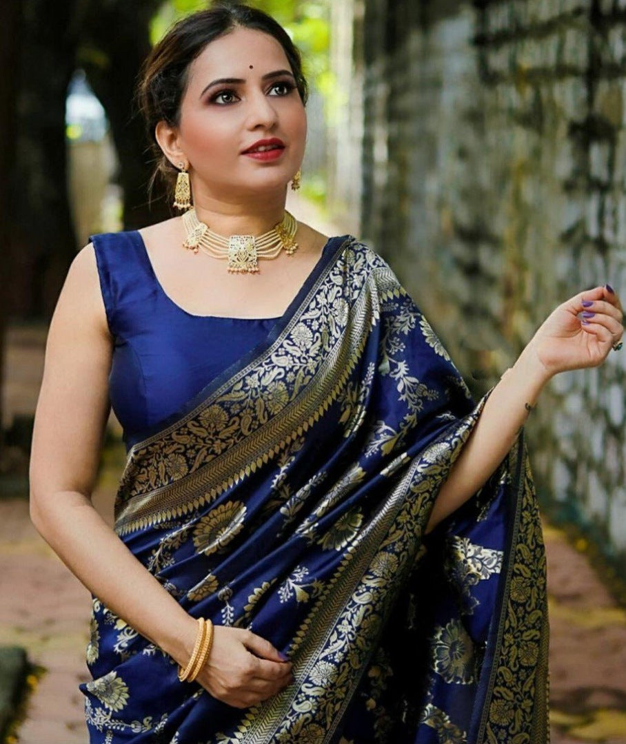 Blue soft lichi silk jacquard weaving work wedding saree