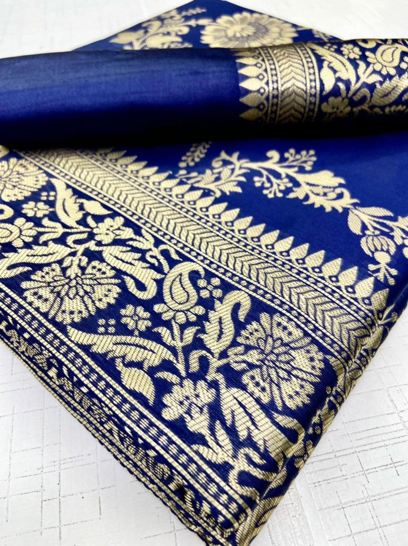 Blue soft lichi silk jacquard weaving work wedding saree