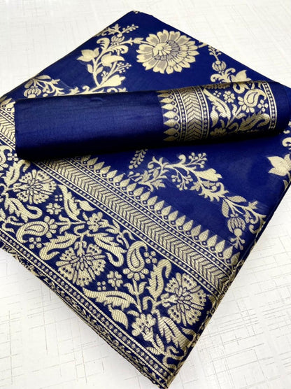 Blue soft lichi silk jacquard weaving work wedding saree