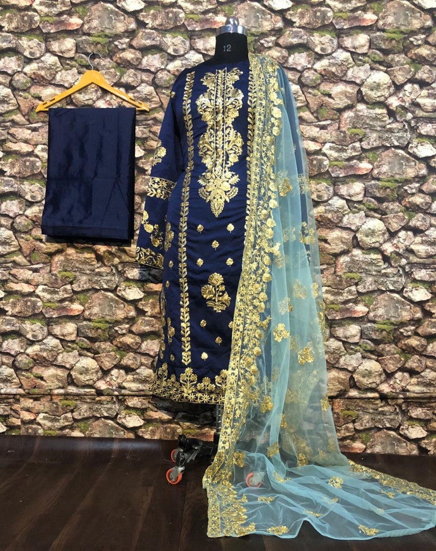 blue tapeta silk embroidered salwar suit