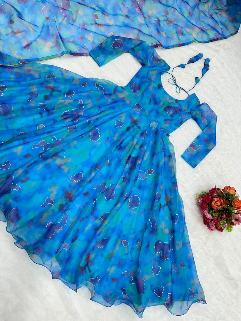 Blue tibby silk print and foil work anarkali dress