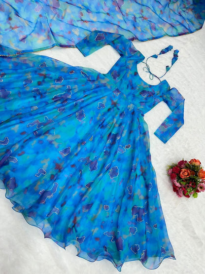 Blue tibby silk print and foil work anarkali dress