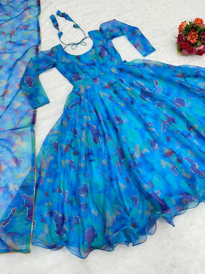 Blue tibby silk print and foil work anarkali dress