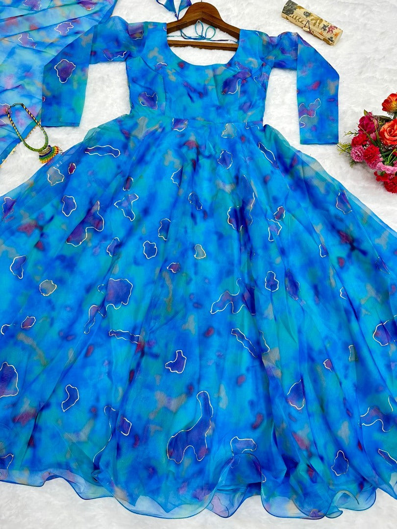 Blue tibby silk print and foil work anarkali dress