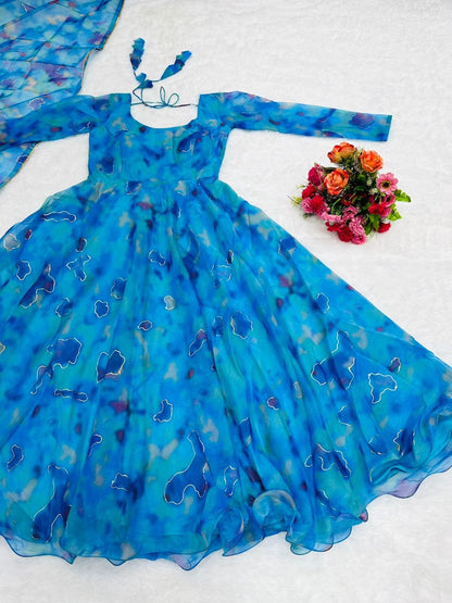 Blue tibby silk print and foil work anarkali dress