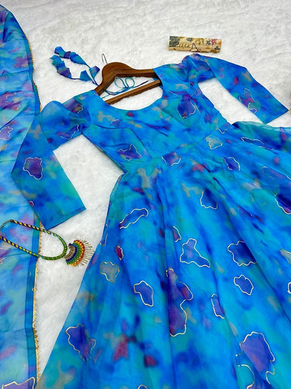 Blue tibby silk print and foil work anarkali dress