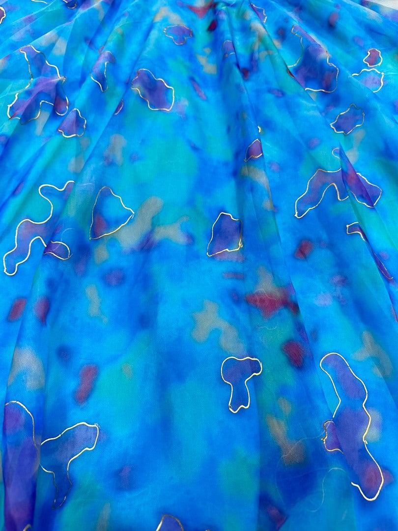 Blue tibby silk print and foil work anarkali dress