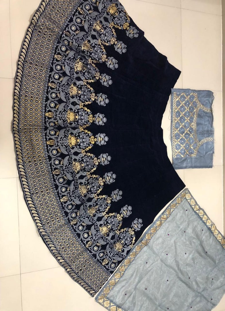 Blue velvet heavy designer embroidered wedding lehenga