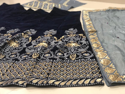 Blue velvet heavy designer embroidered wedding lehenga