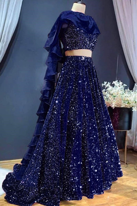 Blue velvet heavy sequence work wedding lehenga choli