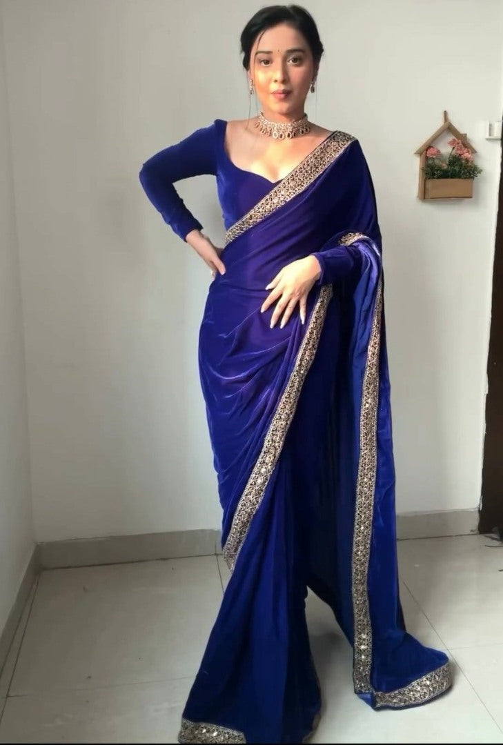 Blue velvet ready to wear party wear designer saree