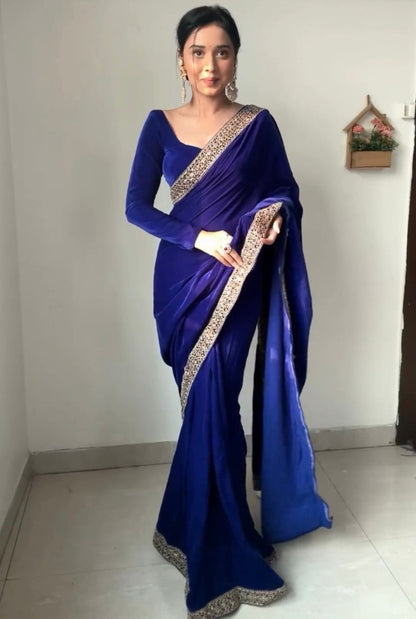 Blue velvet ready to wear party wear designer saree