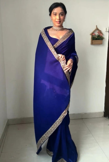 Blue velvet ready to wear party wear designer saree