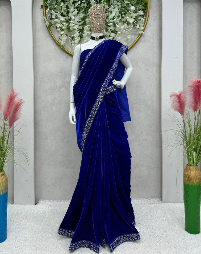 Blue velvet ready to wear party wear designer saree