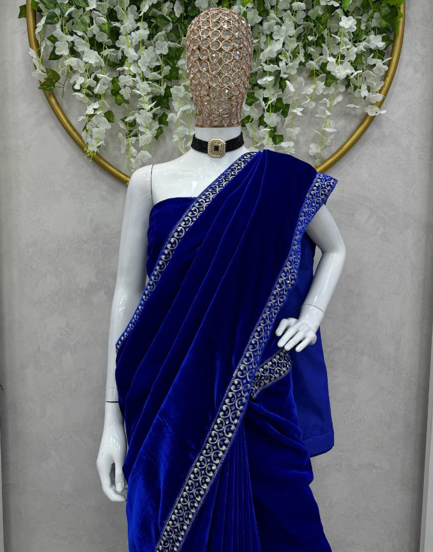 Blue velvet ready to wear party wear designer saree