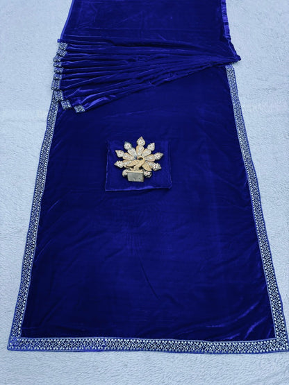 Blue velvet ready to wear party wear designer saree