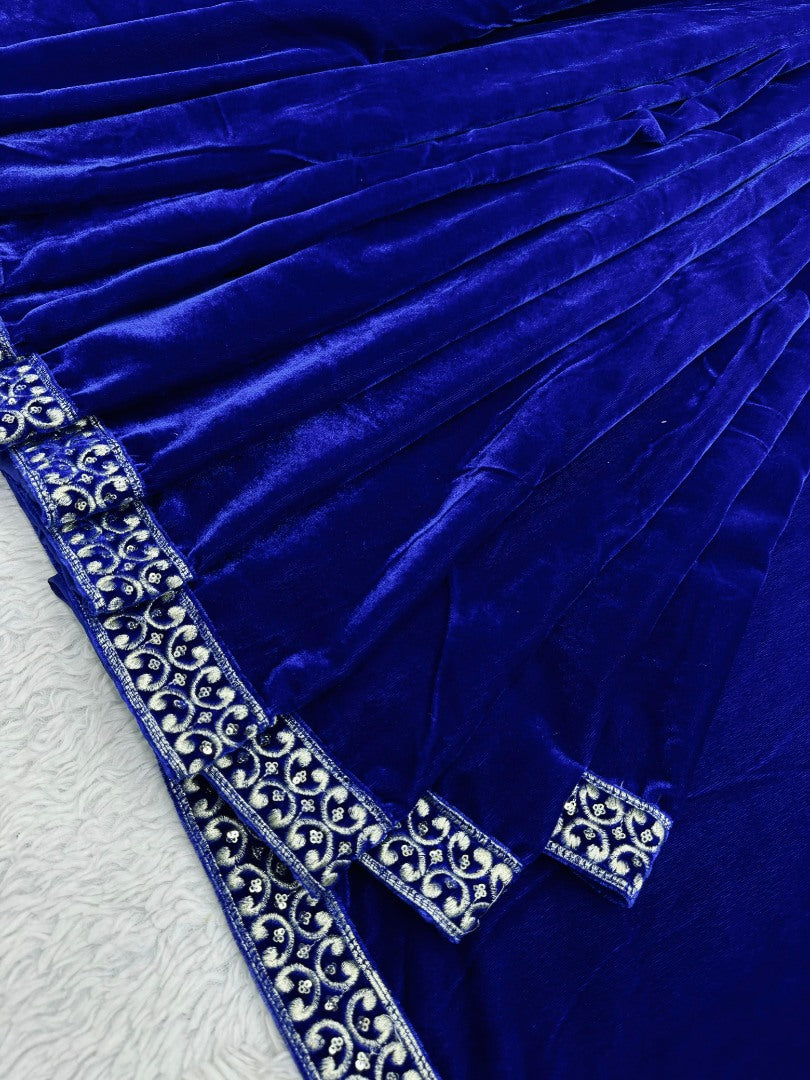 Blue velvet ready to wear party wear designer saree