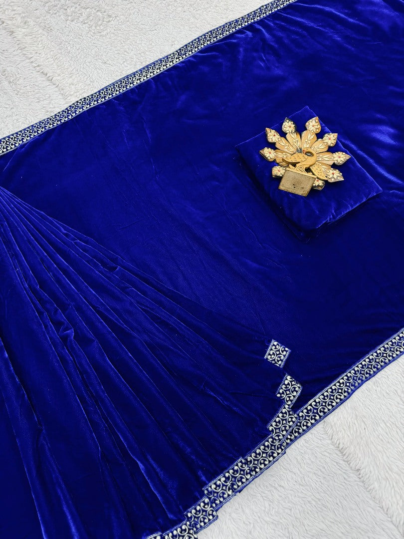 Blue velvet ready to wear party wear designer saree