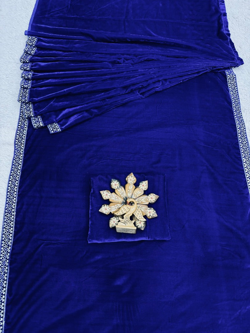 Blue velvet ready to wear party wear designer saree